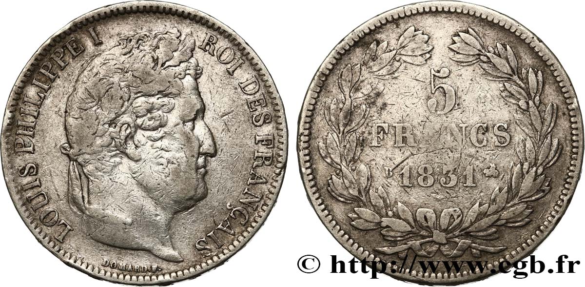 5 francs Ier type Domard, tranche en relief 1831 Rouen F.320/2 S20 