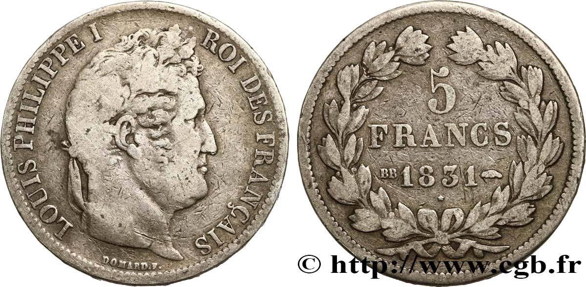 5 francs Ier type Domard, tranche en relief 1831 Strasbourg F.320/3 F15 