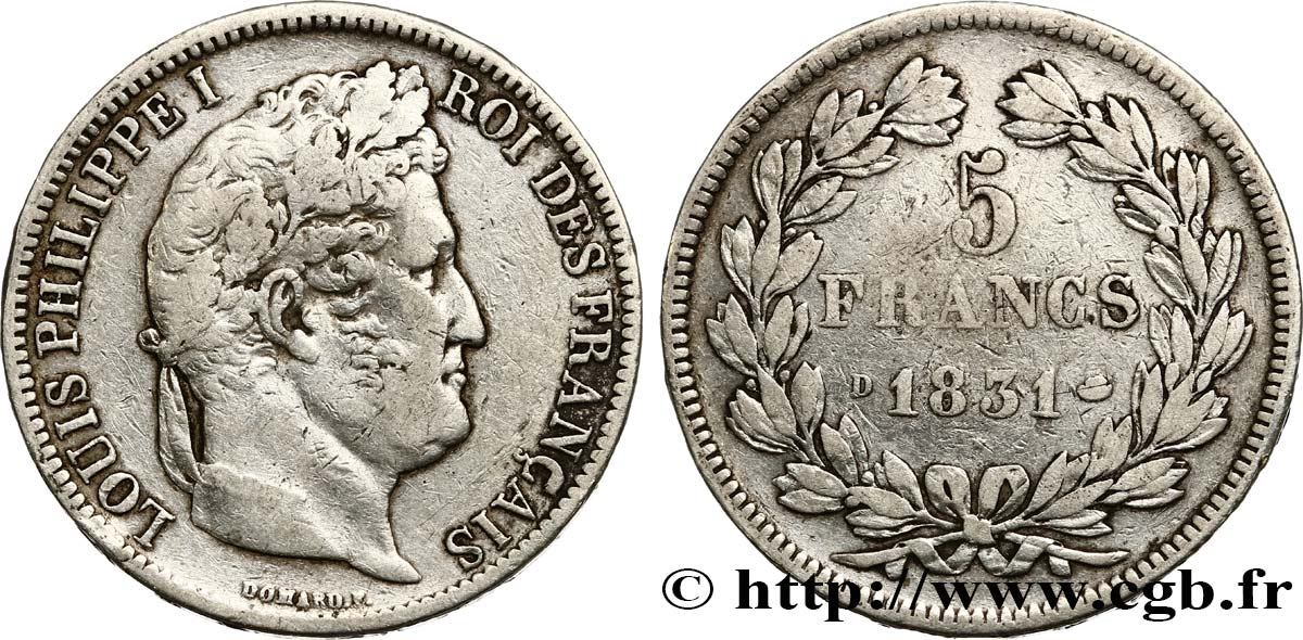 5 francs Ier type Domard, tranche en relief 1831 Lyon F.320/4 S25 