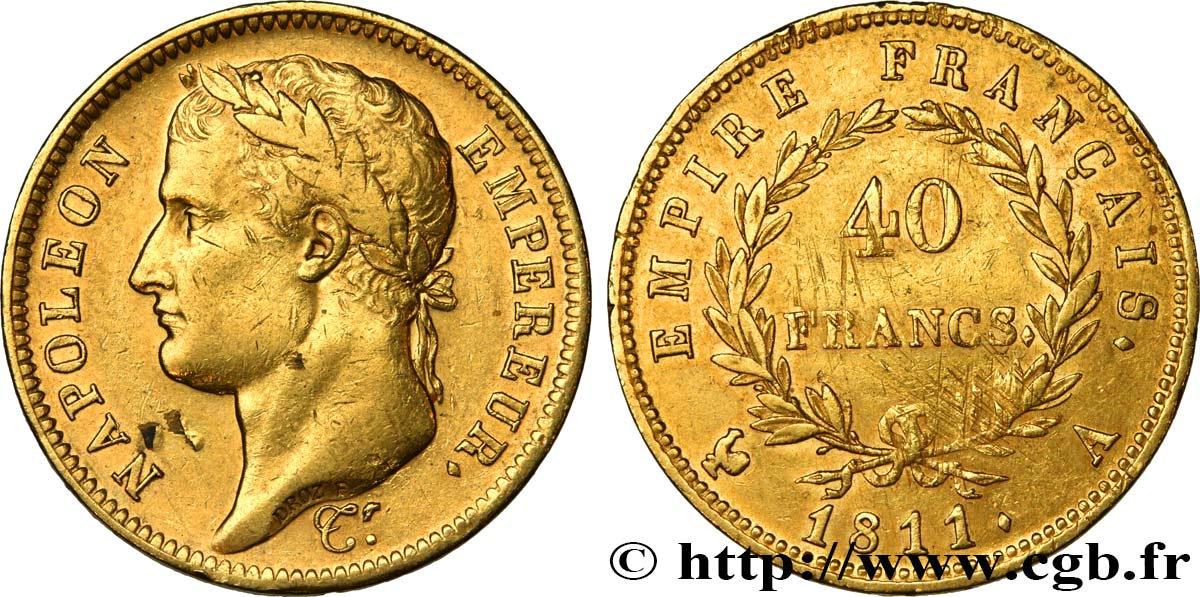 40 francs or Napoléon tête laurée, Empire français 1811 Paris F.541/6 q.BB 
