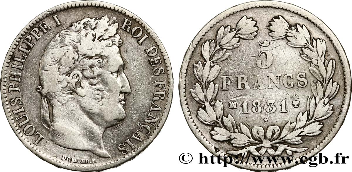 5 francs Ier type Domard, tranche en relief 1831 Marseille F.320/10 S 