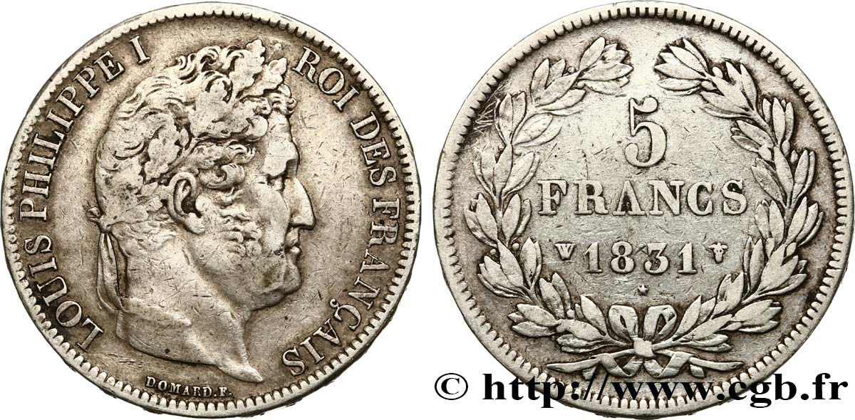 5 francs Ier type Domard, tranche en relief 1831 Lille F.320/13 S25 