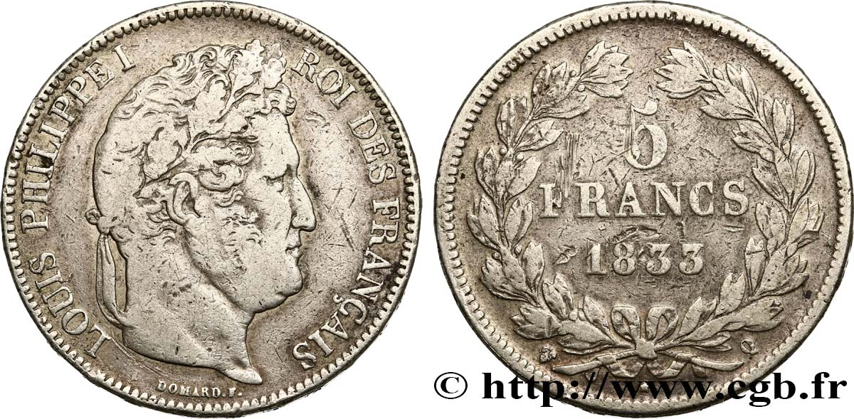 5 francs IIe type Domard 1833 Perpignan F.324/25 TB 