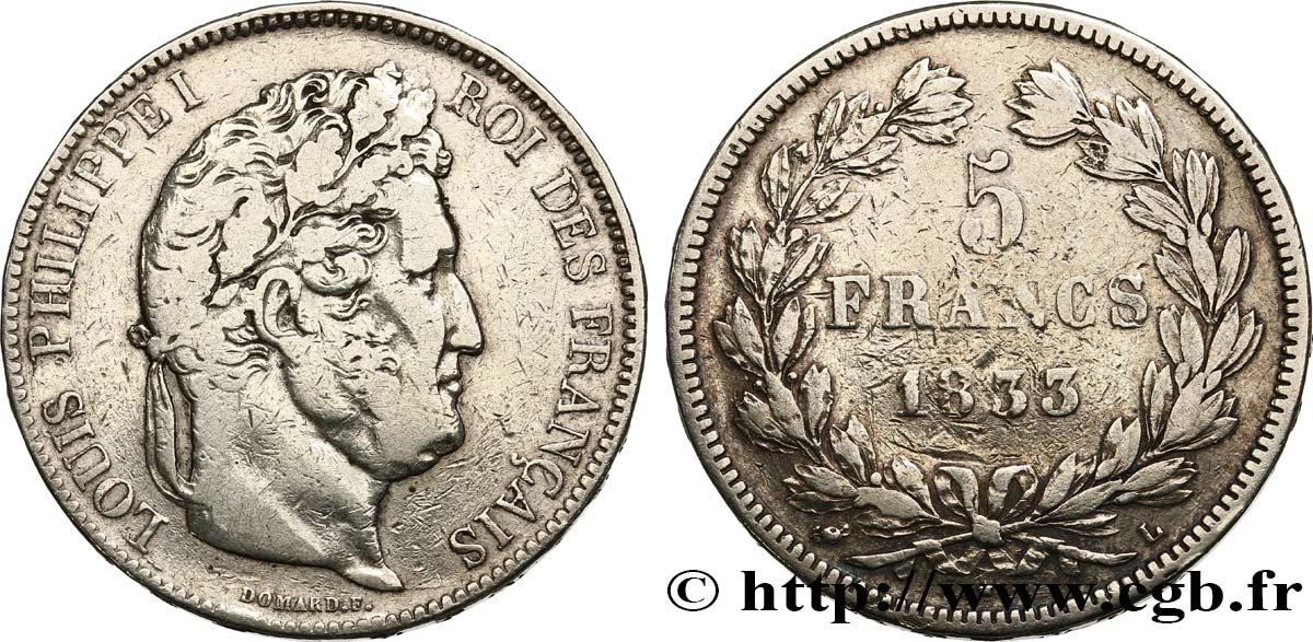 5 francs IIe type Domard 1833 Bayonne F.324/22 TB 