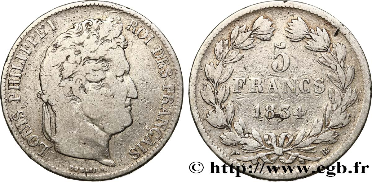 5 francs IIe type Domard 1834 Strasbourg F.324/31 TB15 
