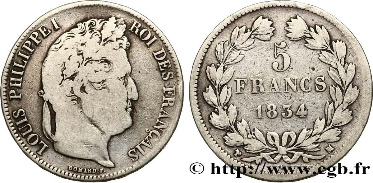 5 francs IIe type Domard 1834 Marseille F.324/38 TB15 