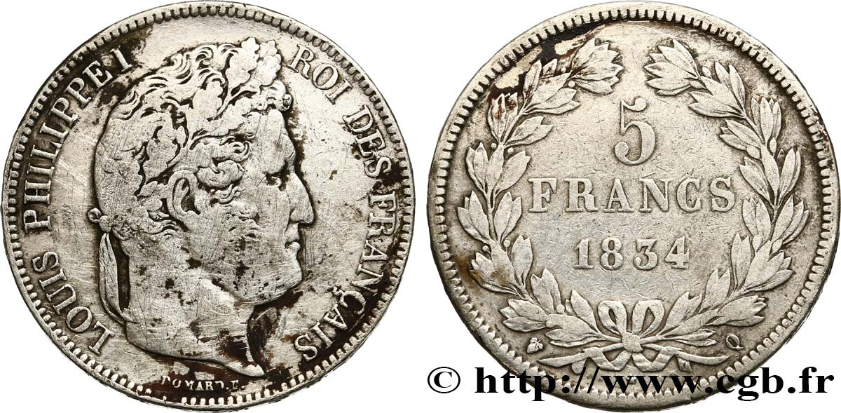 5 francs IIe type Domard 1834 Perpignan F.324/39 SGE 