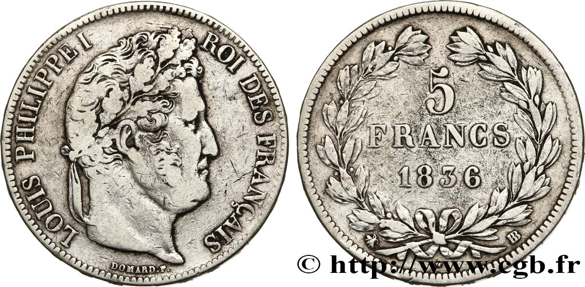 5 francs IIe type Domard 1836 Strasbourg F.324/55 VF30 