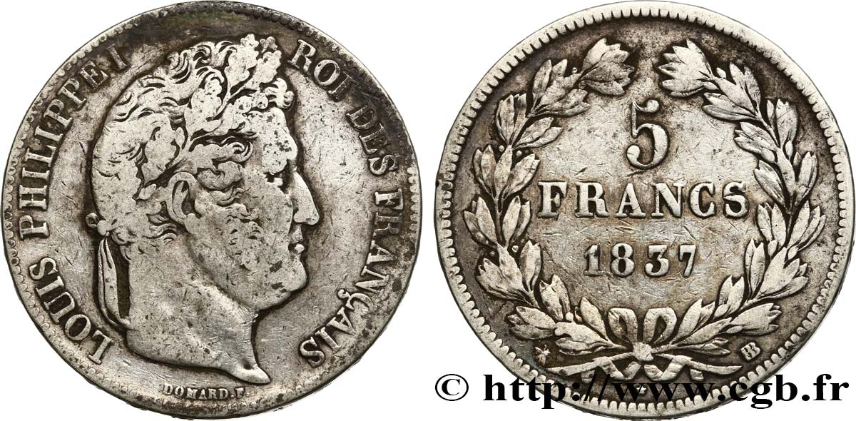 5 francs IIe type Domard 1837 Strasbourg F.324/63 BC25 