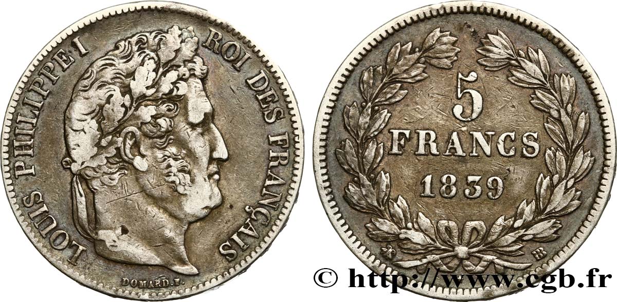 5 francs IIe type Domard 1839 Strasbourg F.324/77 TB35 