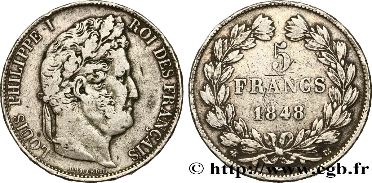 5 francs IIIe type Domard 1848 Strasbourg F.325/18 VF25 