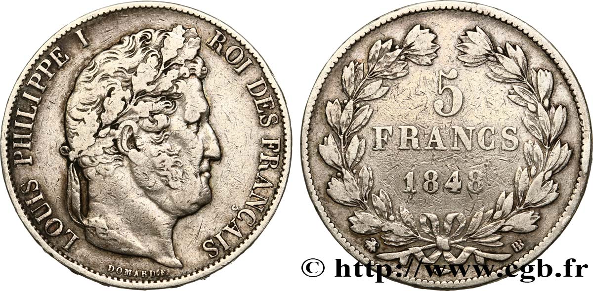 5 francs IIIe type Domard 1848 Strasbourg F.325/18 VF25 