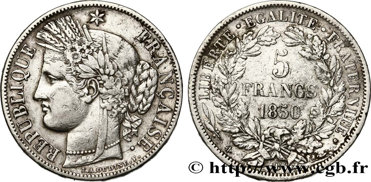5 francs Cérès, IIe République 1850 Strasbourg F.327/5 BC35 