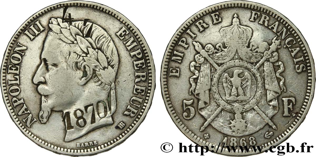 5 francs Napoléon III, tête laurée, contremarqué 4 7 1870 1868 Strasbourg F.331/13 TB 