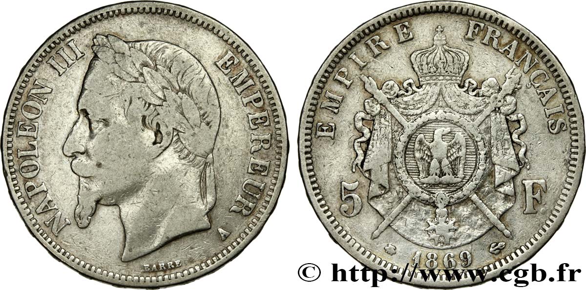 5 francs Napoléon III, tête laurée 1869 Paris F.331/14 S20 