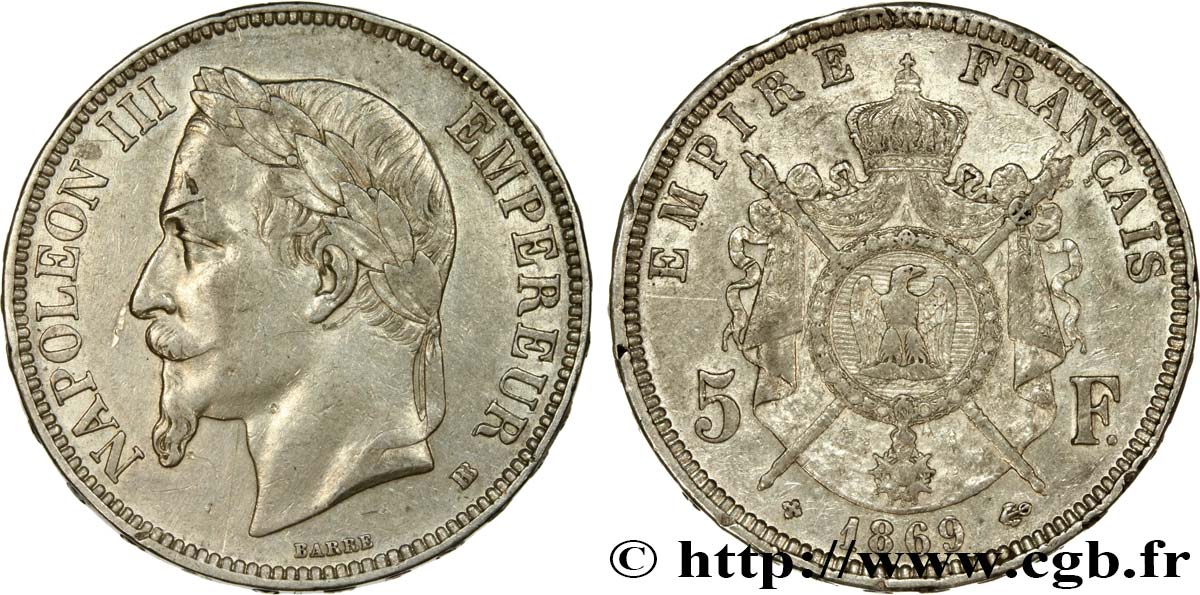 5 francs Napoléon III, tête laurée 1869 Strasbourg F.331/15 XF 