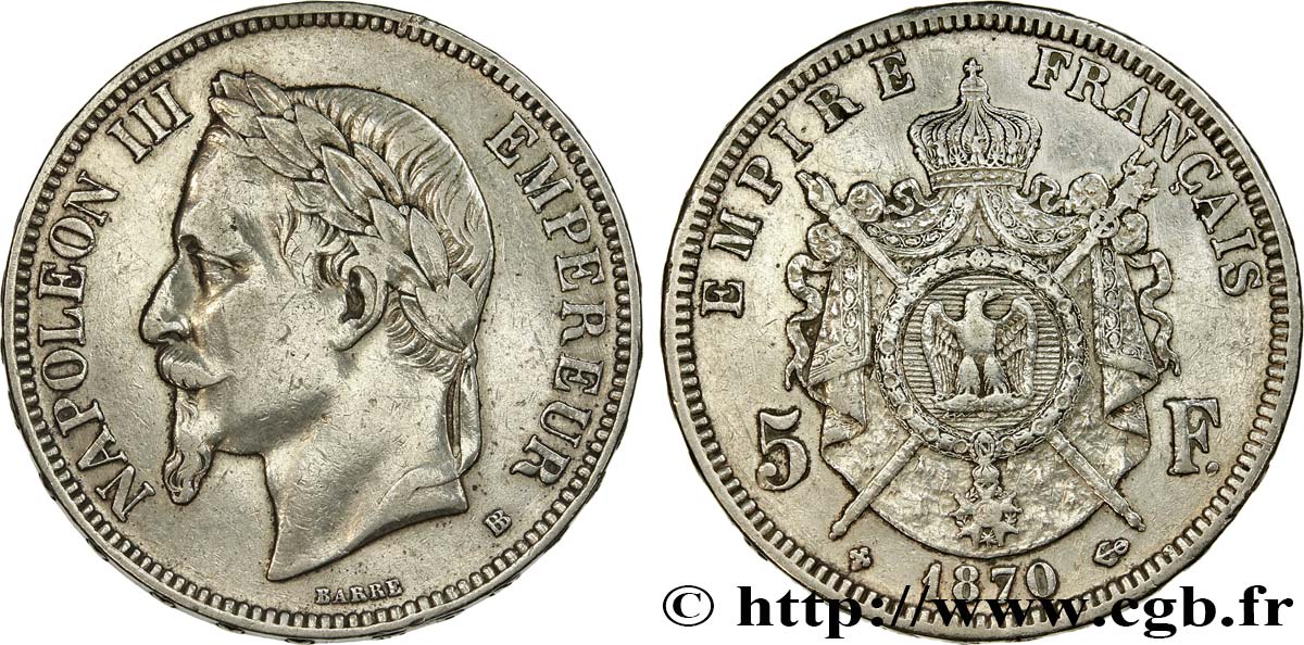 5 francs Napoléon III, tête laurée 1870 Strasbourg F.331/17 fSS 