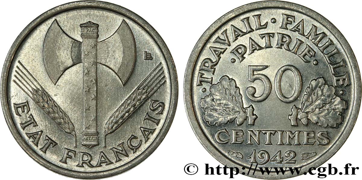 50 centimes Francisque, lourde 1942 Paris F.195/3 SUP62 