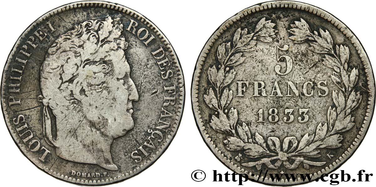 5 francs IIe type Domard 1833 Bordeaux F.324/21 VG 