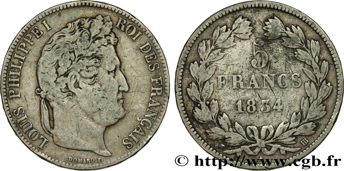 5 francs IIe type Domard 1834 Strasbourg F.324/31 TB20 