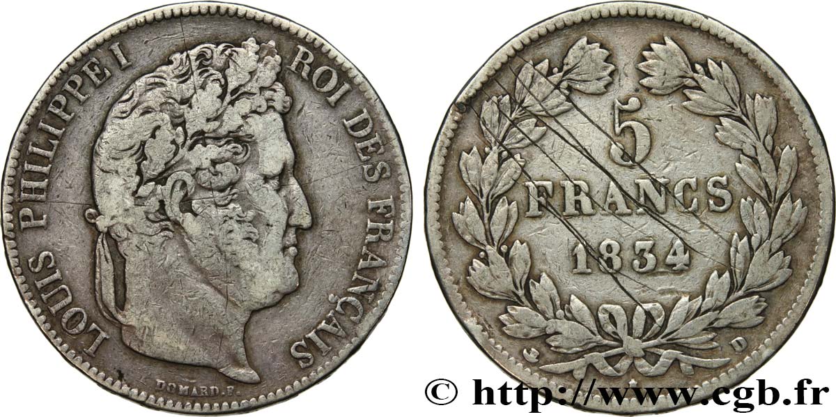 5 francs IIe type Domard 1834 Lyon F.324/32 VG 