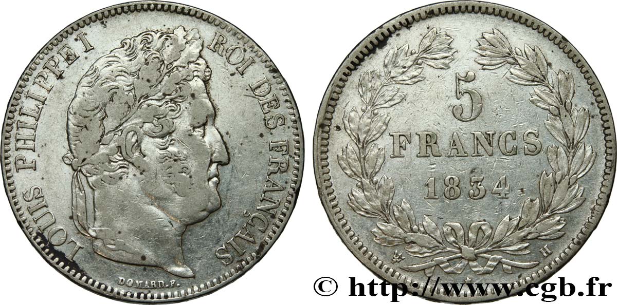 5 francs IIe type Domard 1834 La Rochelle F.324/33 XF 