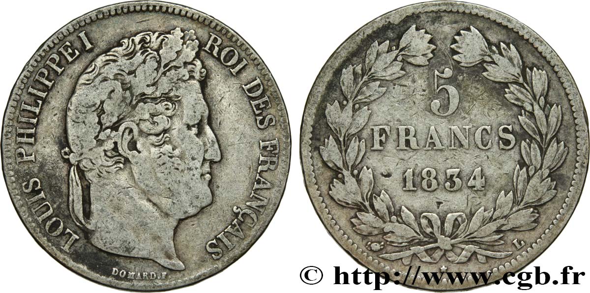 5 francs IIe type Domard 1834 Bayonne F.324/36 TB20 