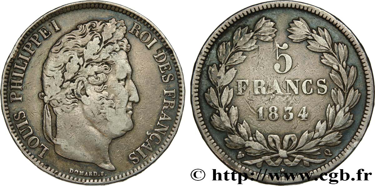 5 francs, IIe type Domard 1834 Perpignan F.324/39 VF25 