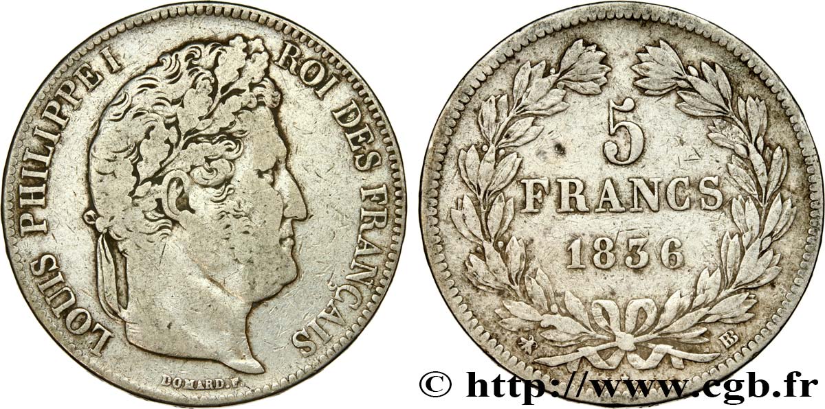 5 francs IIe type Domard 1836 Strasbourg F.324/55 VF25 