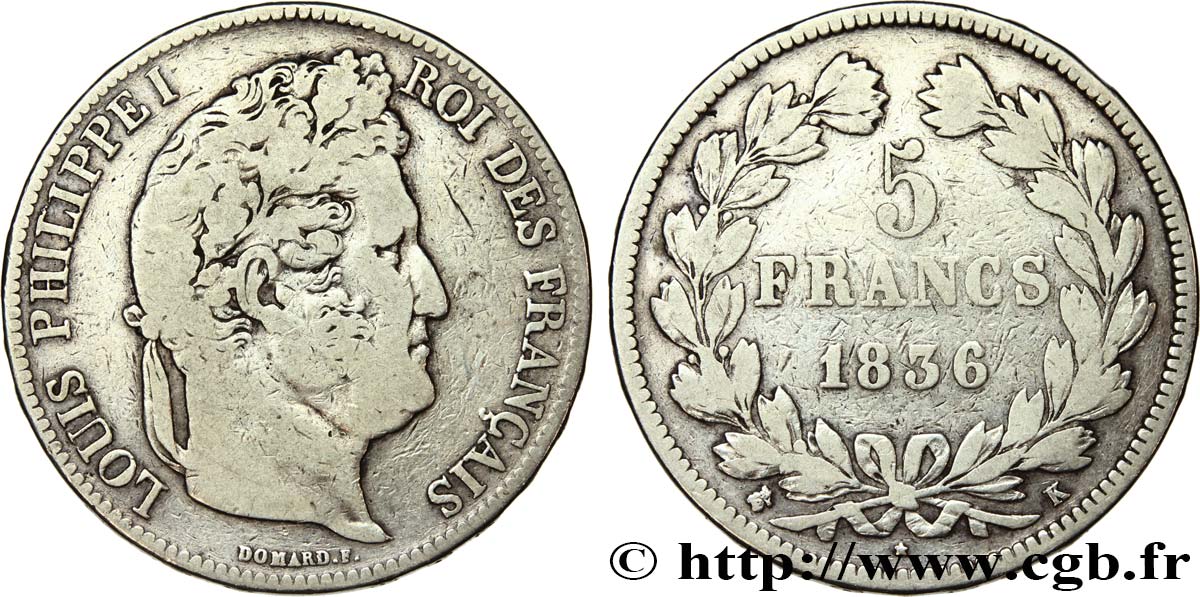 5 francs IIe type Domard 1836 Bordeaux F.324/57 TB15 