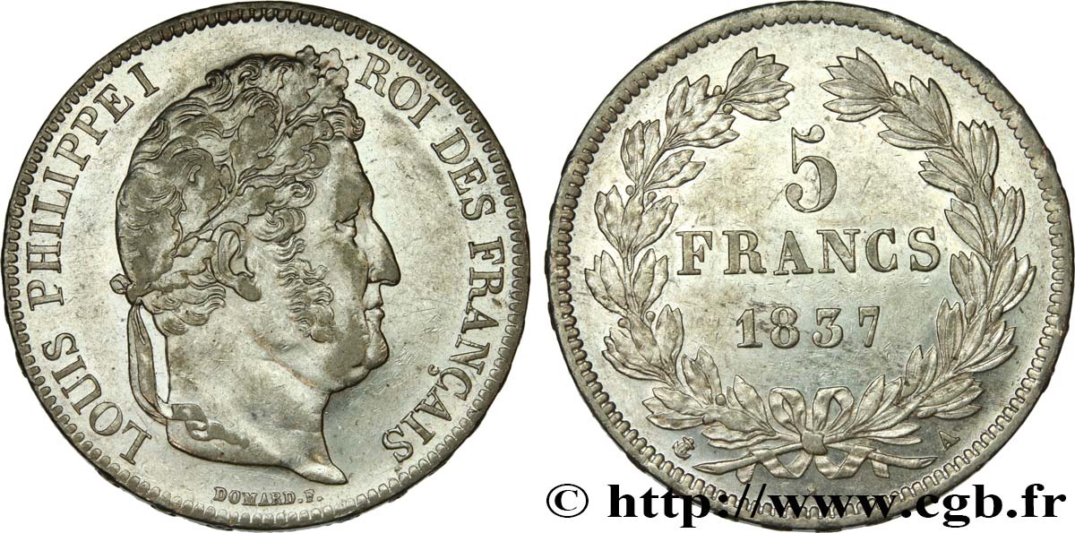 5 francs IIe type Domard 1837 Paris F.324/61 AU50 