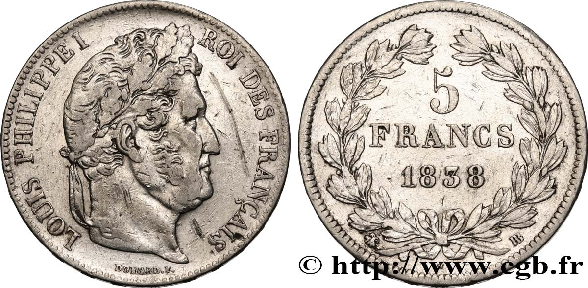 5 francs IIe type Domard 1838 Strasbourg F.324/70 VF 
