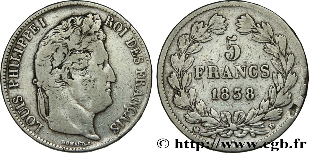 5 francs IIe type Domard 1838 Lyon F.324/71 S20 