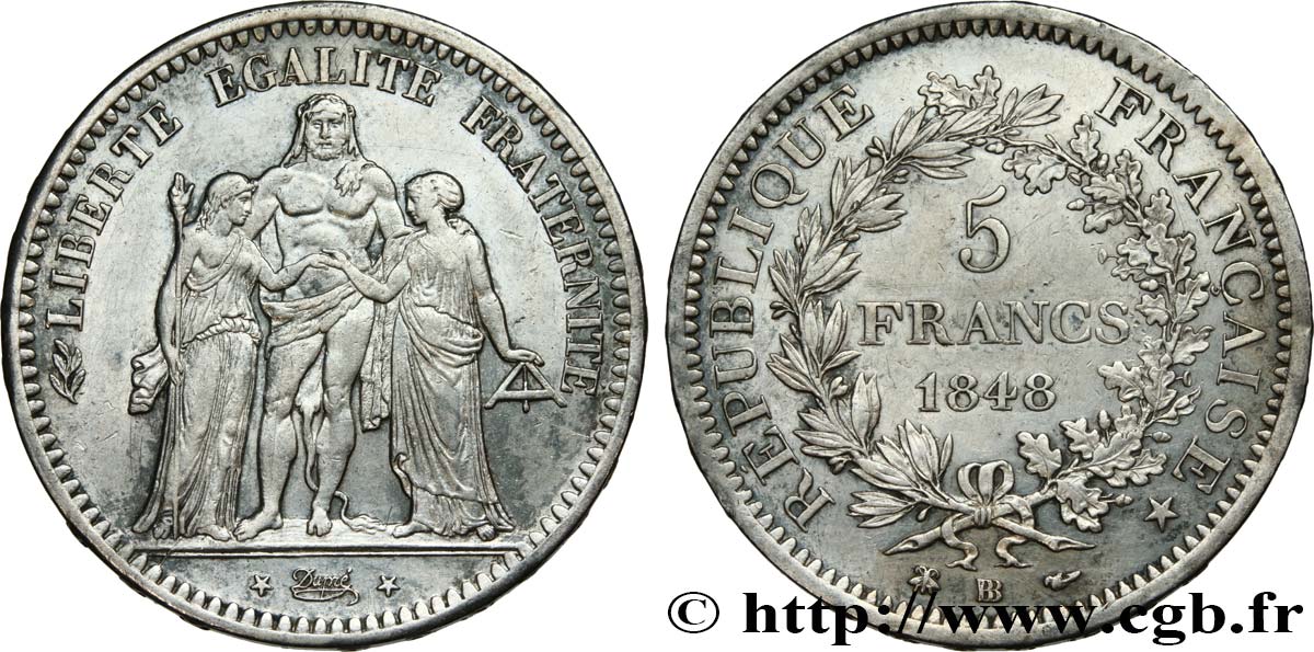 5 francs Hercule, IIe République 1848 Strasbourg F.326/2 TTB50 