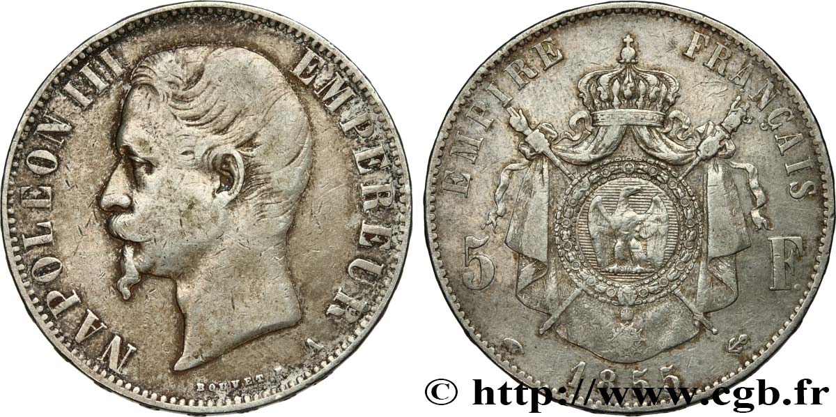 5 francs Napoléon III, tête nue 1855 Paris F.330/3 TB25 