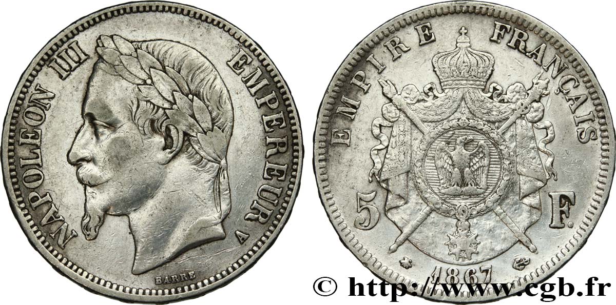 5 francs Napoléon III, tête laurée 1867 Paris F.331/10 BC35 