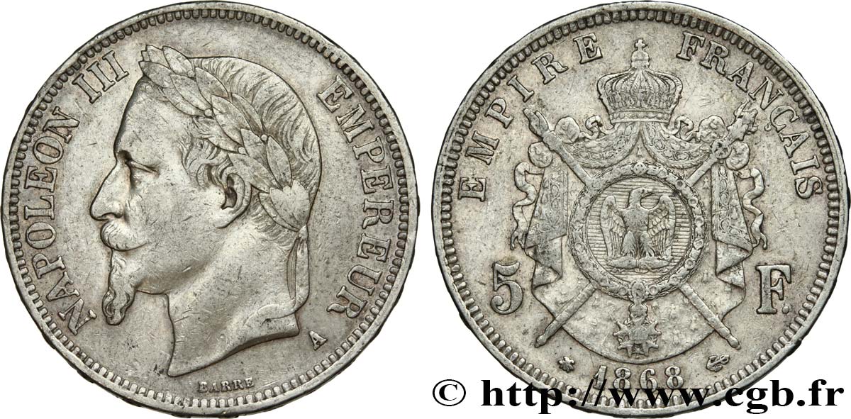 5 francs Napoléon III, tête laurée 1868 Paris F.331/12 S35 