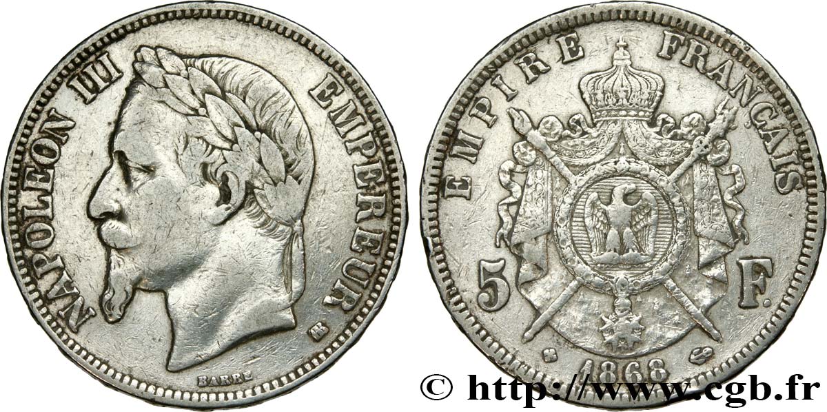 5 francs Napoléon III, tête laurée 1868 Strasbourg F.331/13 S 