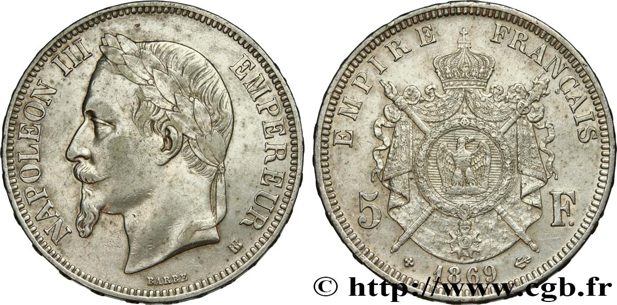 5 francs Napoléon III, tête laurée 1869 Strasbourg F.331/15 TTB50 