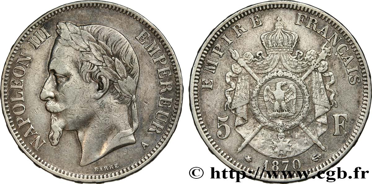 5 francs Napoléon III, tête laurée 1870 Paris F.331/16 S35 