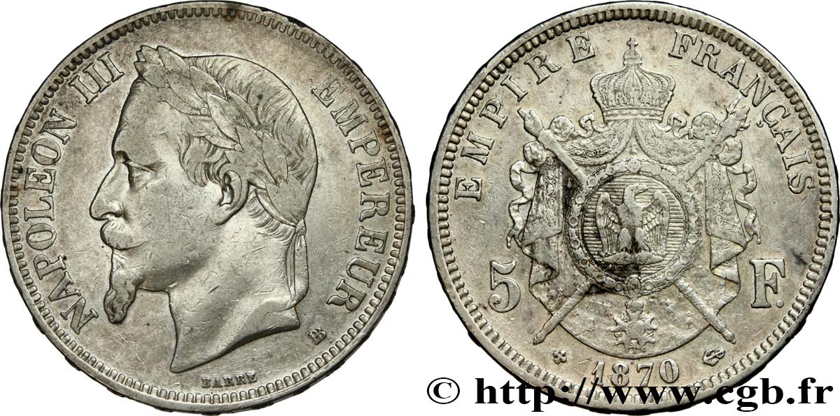 5 francs Napoléon III, tête laurée 1870 Strasbourg F.331/17 BC35 