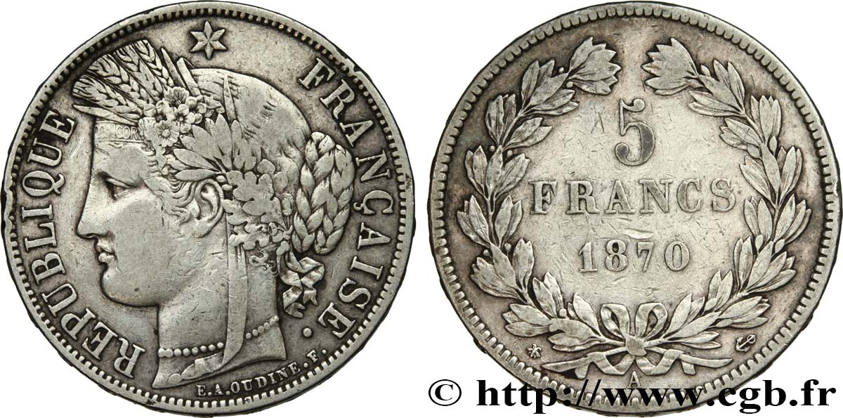 5 francs Cérès, sans légende 1870 Paris F.332/1 S30 