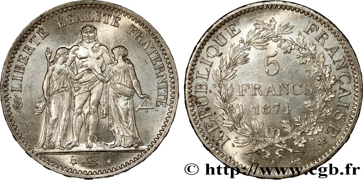 Pièce de Monnaie 5 FRANCS HERCULE PARIS Argent 1874 A Broche 