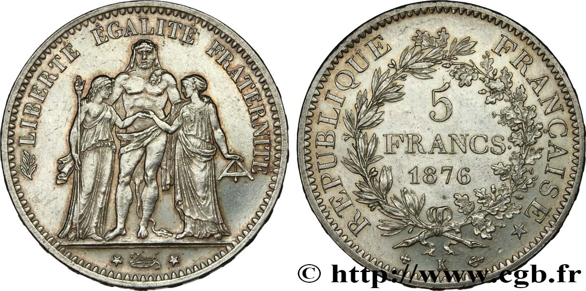 5 francs Hercule 1876 Bordeaux F.334/18 AU52 