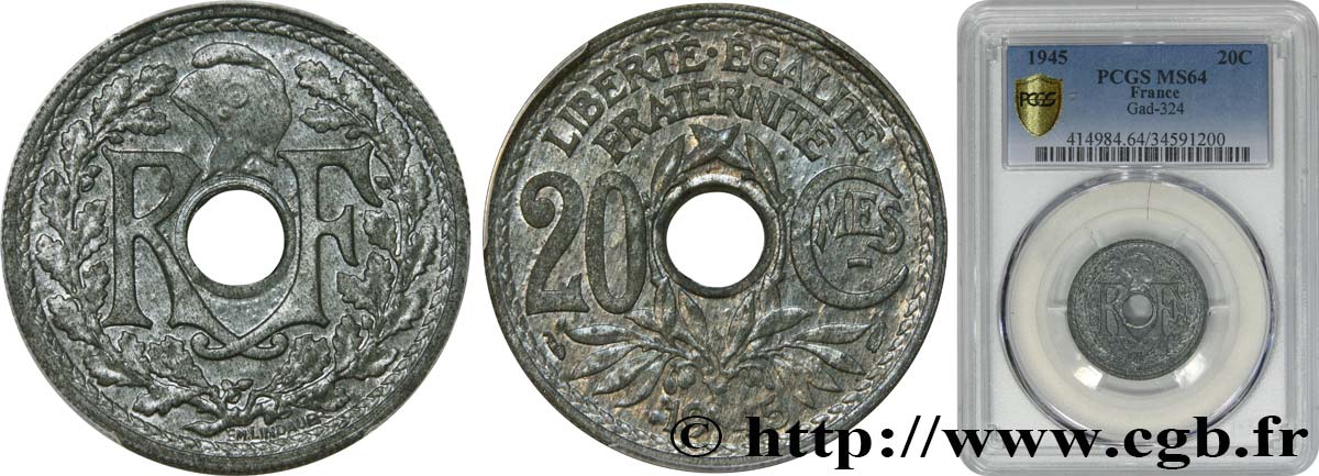20 centimes Lindauer 1945  F.155/2 SPL64 PCGS