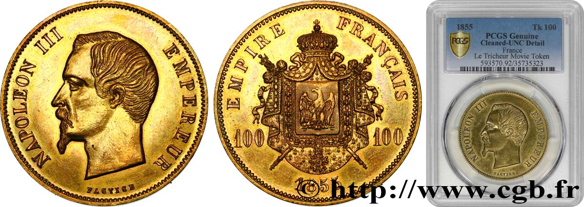100 francs Napoléon III, tête nue, FACTICE pour le Film “Le Tricheur” 1855   SPL+ PCGS