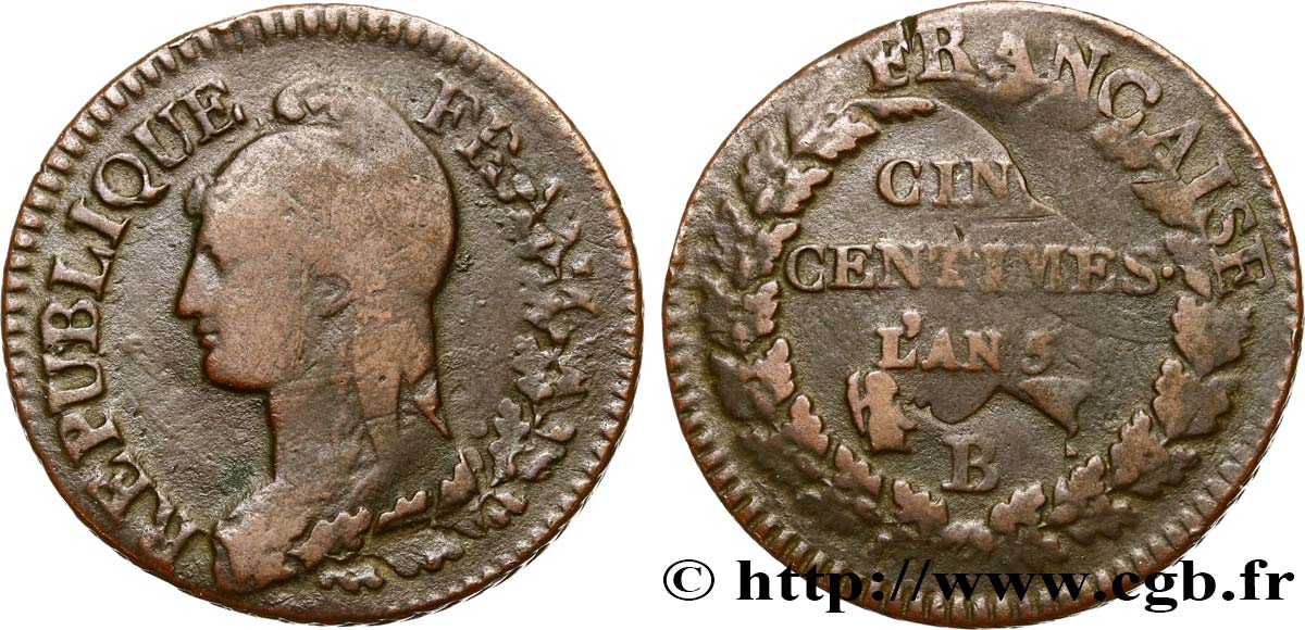 Cinq centimes Dupré, grand module,  refrappage  du décime 1797 Rouen F.114/4 TB25 