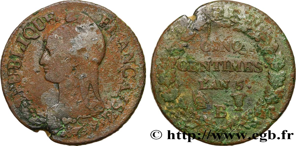 Cinq centimes Dupré, grand module,  refrappage  du décime 1797 Rouen F.114/4 SGE10 