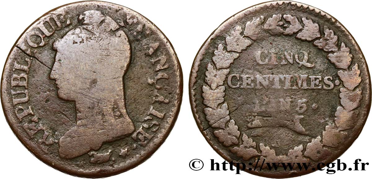 Cinq centimes Dupré, grand module,  refrappage  du décime 1797 Lyon F.114/7 B10 