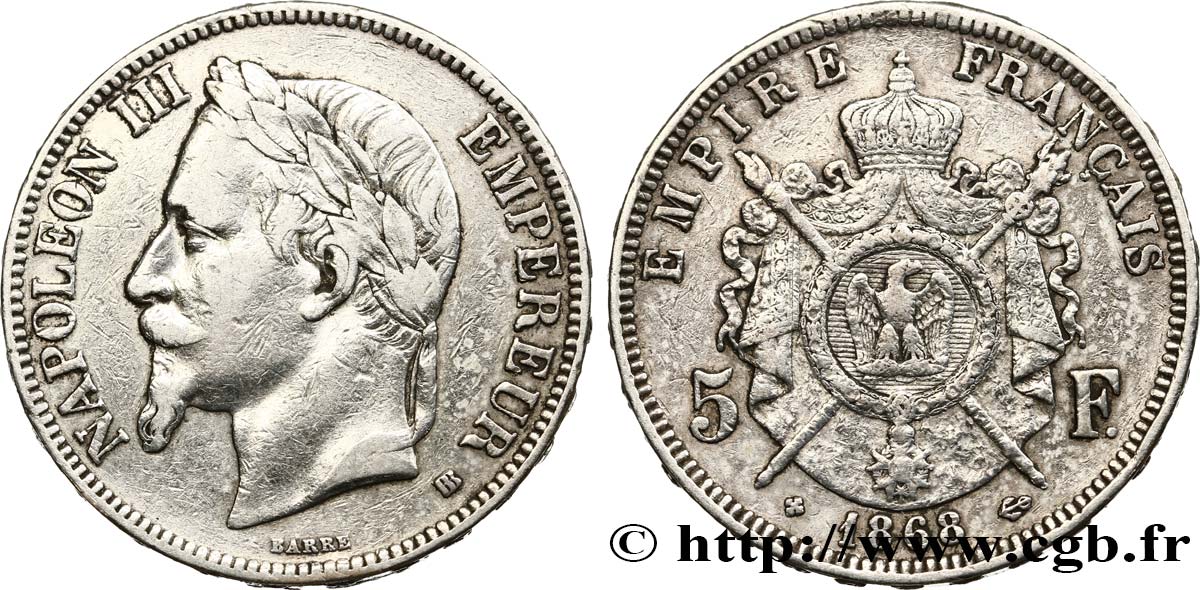 5 francs Napoléon III, tête laurée 1868 Strasbourg F.331/13 S35 